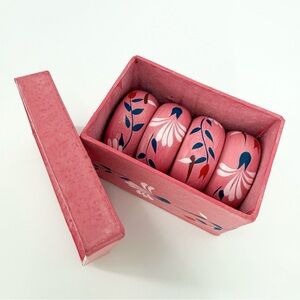 Handpainted Floral Folk Art Style Wooden Napkin Rings With Box Pink Set of 4